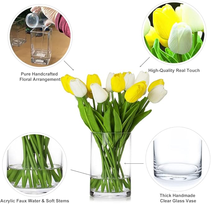 ENOVA FLORAL 20 Heads Real Touch Artificial Tulips Flowers in Vase, Mixed White and Yellow Tulips Fake Flowers with Vase and Faux Water for Home Wedding Decor, Dining Table (White Yellow)