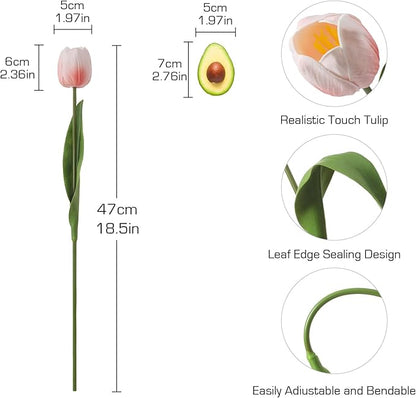 10PCS Artificial 18.5" Long Stem Blush Pink Tulips Bouquet PU Flowers, Fake 6 Color Tulip Faux Flowers with Bendable Stems for Floral Table Wedding Home Decor