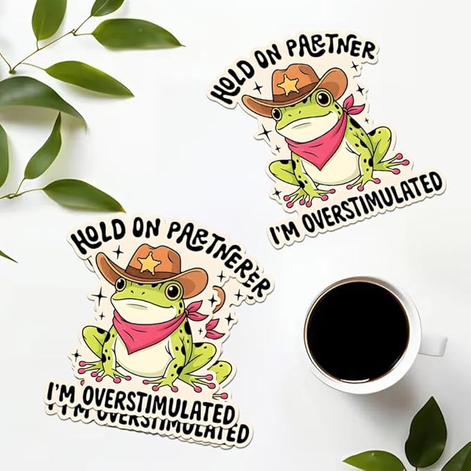 HANDICHI Design 5-Pack 5 Inch Hold On Partner I’m Overstimulated Stickers – Funny Meme Vinyl Decals for Water Bottles, Laptops, Journals, Scrapbooks – Sarcastic Gift for Frog Lovers
