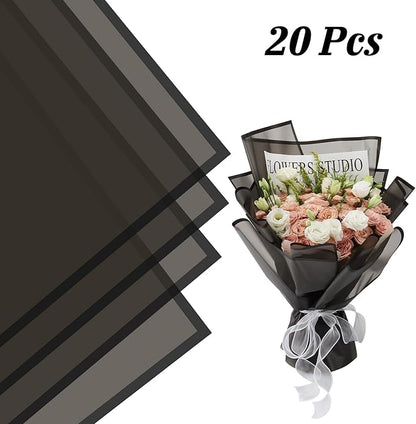 Rumvan Flower Wrapping Paper, 20 Sheets, Waterproof, Floral Bouquet Design, for Wedding, Birthday Gift, DIY Florist Supplies (Black)