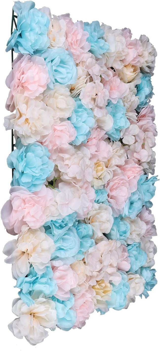 12Pcs 15.75" x 23.62x 0.79 Artificial Flower Wall Panels,Flower Wall Mat Silk Flower Panels for Outdoor Garden Backyard Fence Fence Privacy Screen and Indoor Wall Decor(12Pcs White+Pink+Light Blue)