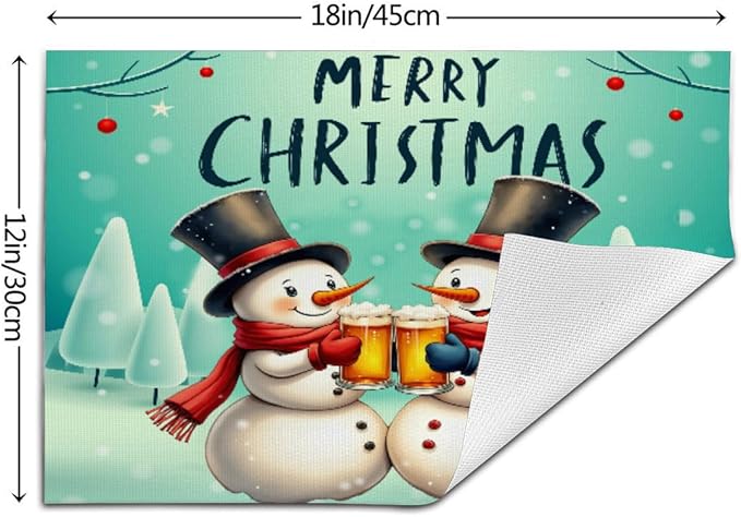 PVC Placemats Set of 6 Wipeable Table Mats Washable Heat Resistant Non Slip Vinyl Dining Table Mat for Kitchen Indoor Outdoor Patio Farmhouse Place Mats Christmas Snowman Beer Decorative