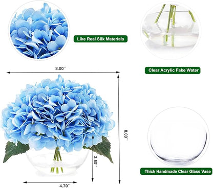 Hydrangea Fake Flowers in Vase, Silk Flowers in Vase with Faux Water for Home Decor Indoor (Blue)