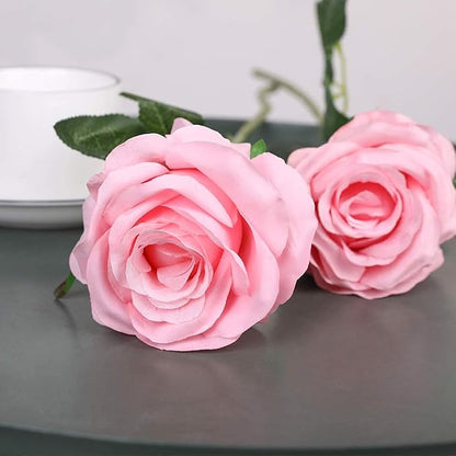 Kisflower 12 Pcs Pink Roses Artificial Flowers with Stems Silk Roses Fake Rose Realistic Flower Bouquet for Wedding Party Office Home Decor (Pink)