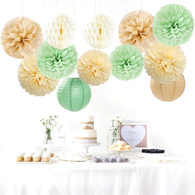 Sage Green-Boho Party-Decorations Paper-Flowers Lanterns - 15PCS Safari Rustic Neutral Baby Shower Tissue Pom Poms Streamers, Champagne Gold Birthday Wedding Graduation Hanging Supplies Decor Hugfond