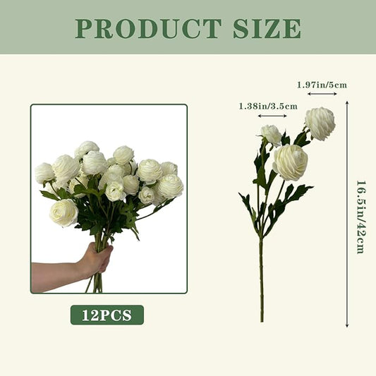 12Pcs Artificial Ranunculus Flowers – 36 Head 16.5" Silk Ranunculus Flowers Bouquets for Home Decor, Wedding Bridal Shower Centerpieces, and DIY Floral Arrangements (White)