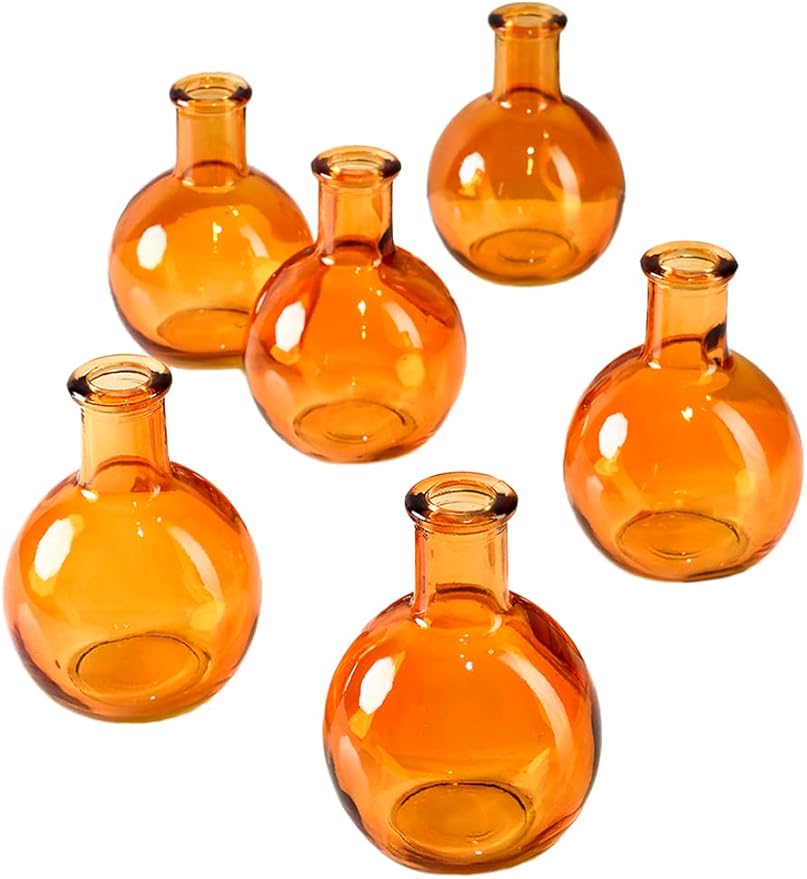 Serene Spaces Living Set of 6 Small Amber Ball Bud Vase, Vintage Glass Bottle Vases for Weddings, Events, Parties, Floral Centerpieces for Home Decor, Measures 3" Diameter & 4" Tall