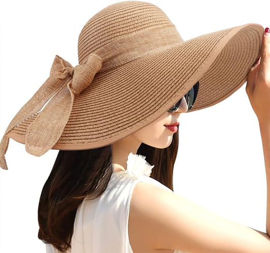 DRESHOW Beach Hats for Women Big Straw Wide Brim Summer Hat Floppy Foldable Roll up Cap Sun Hat UPF 50+