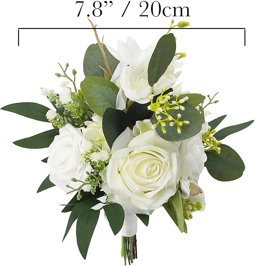 Rinlong 1Pc Wedding Bouquets for Bride Bridesmaids White Rose Green Artificial Flowers Bridesmaids Bridal Bouquet for Wedding Prom