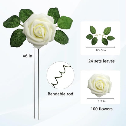 JOYLEX Ivory Artificial Flowers Realistic Roses, 100pcs Milk White Real Looking Fake Roses with Stem for DIY Wedding Bouquets Centerpieces Bridal Shower Party Home Romantic Decorations (Milk White)