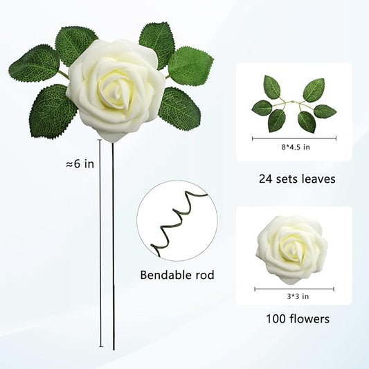 JOYLEX Ivory Artificial Flowers Realistic Roses, 100pcs Milk White Real Looking Fake Roses with Stem for DIY Wedding Bouquets Centerpieces Bridal Shower Party Home Romantic Decorations (Milk White)
