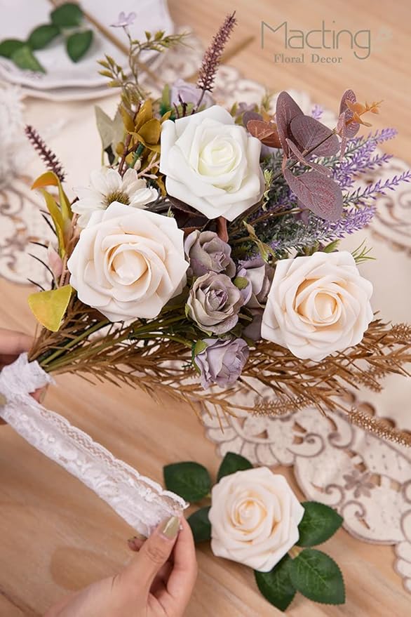 MACTING Artificial Flower Roses 30PCS Real Touch Fake Flowers with Stem Foam Roses for DIY Wedding Bouquet Table Centerpieces Bridal Shower Party Home Spring Valentines Day Decorations (Cream)