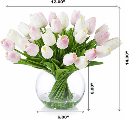 ENOVA FLORAL 30 Pieces Artificial Real Touch Tulips Flowers with Vase, Fake White Pink Tulips Flowers with Vase for Dining Table, Home Decoration, Wedding Centerpieces