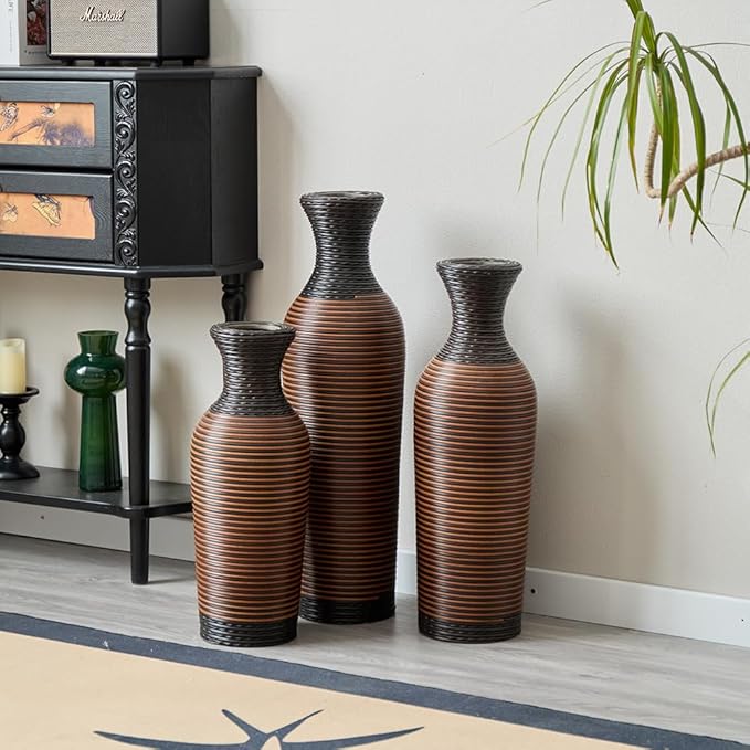 Floor PVC Decorated Vases Set of 3 for Gorgeous Home Decoration Large Classic PVC Vases 19.6in/23.6in/27.5in Height (Black+Brown)