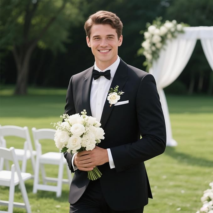 Ivory Rose Boutonniere for Men Wedding Set of 10 Groom Groomsmen Best Man Artificial Flowers Boutonniere for Wedding Ceremony Anniversary Prom Flowers Formal Dinner Party (10, White, Middle)