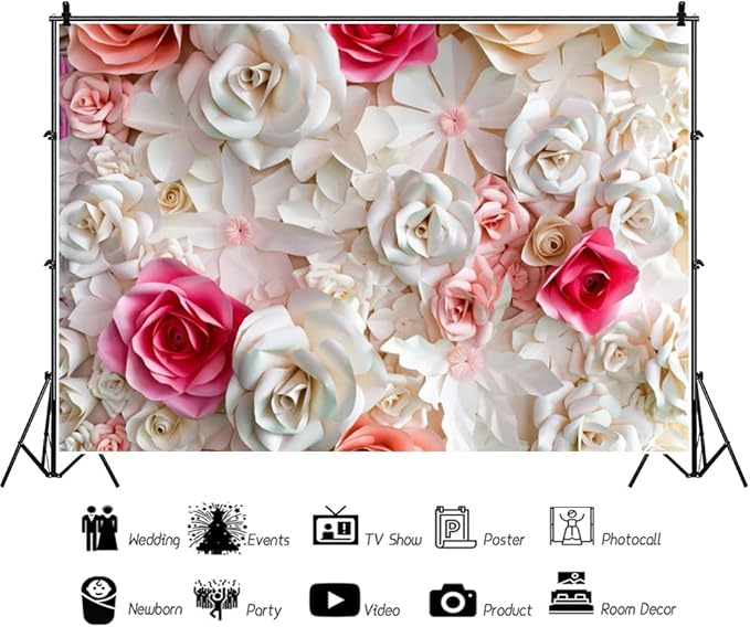 Baocicco 7x5ft Pink and White Paper Flowers Background Photography Mother's Day Backdrop Paper Flower Wall Gorgeous Wedding Flower Backdrops Beautiful Bride Baby Newborn Kids Background