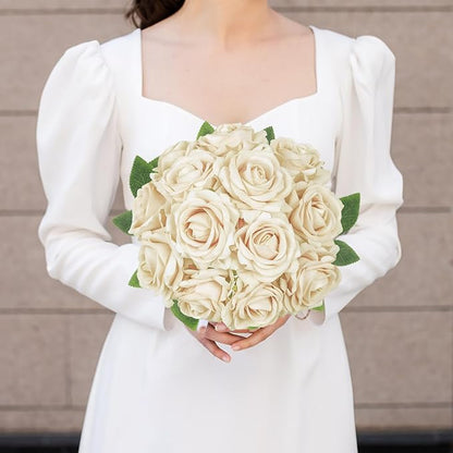 Champange Roses Artificial Flowers 16pcs Velvet Artificial Roses with Stems 3.15" Fake Roses for Bridal Bouquet Wedding Flowers for Floral Centerpieces Home Party Decor (Champange)