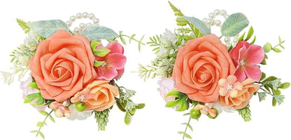 TINGE TIME Set of 2 Wrist Corsage Bracelets Pearl Wristlet Band Bridesmaid Bracelet for Wedding Ceremony Bridal Shower Wedding Artificial Flower Prom (Tropical)