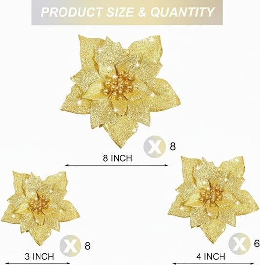 Boao 24 Pieces Glitter Poinsettia Artificial Christmas Flowers Poinsettia Decorations Wedding Christmas Tree Ornaments, 3/4/6 Inches (Gold)