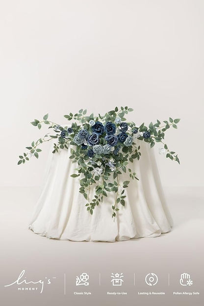Ling's moment 2PCS Dusty Blue Artificial Floral Swags Centerpieces Wedding Flower Rose Garland Greenery Arrangements for Sweetheart Table Decor Backdrop Arch Flowers Wall Home Garden Decorations