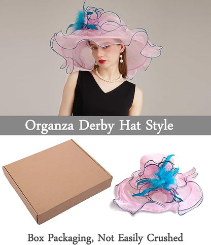 Organza Derby Hats for Women Wide Brim Fascinator Hat Rose Flower Wedding Tea Party Hat