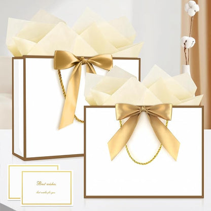 JMANNI Gift Bag, Medium Gift Bags with Tissue Paper, 2Pcs Gift Bags Medium Size with Handle and Bow Ribbon for Any Birthday, Weddings, Mothers Day & Special Occasion 11''x7.87''x4'' (Golden-White)
