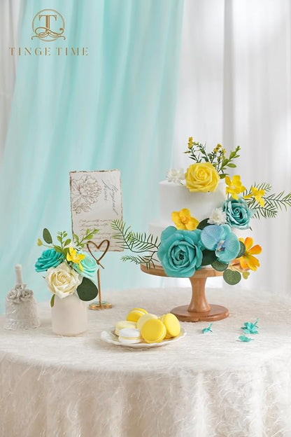 TINGE TIME Artificial Flowers Combo Set Teal Blue & Yellow Flowers Mix Silk Flowers Roses with Stem for DIY Wedding Bridal Bouquets Baby Shower Floral Arrangement Table Centerpieces Home Decorations