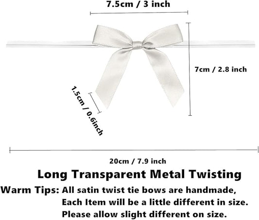 50 PCS 3 Inches Satin Bow Twist Ties, Ribbon Twist Tie Bows for Treat Bags, Pretied Bows, Twist Tied Bows with Wire for Bags, Pre Tied Ribbon Bows for Baby Shower, Favors, Popcorn(Silver)