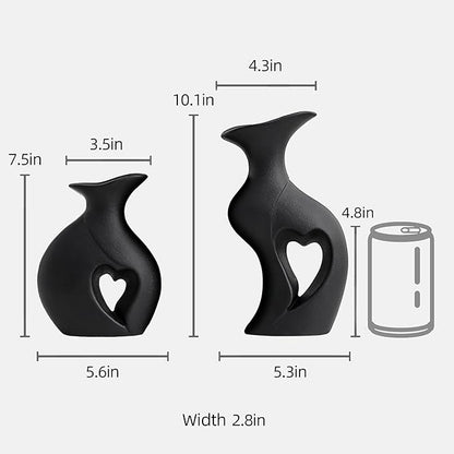 XL Black Snuggle Hollow Ceramic Vase Set of 2,Minimalist Decorative Modern Vases,Heart Shaped Flower Vase for Home Decor (XL Black W 9.7" X H 10.1")