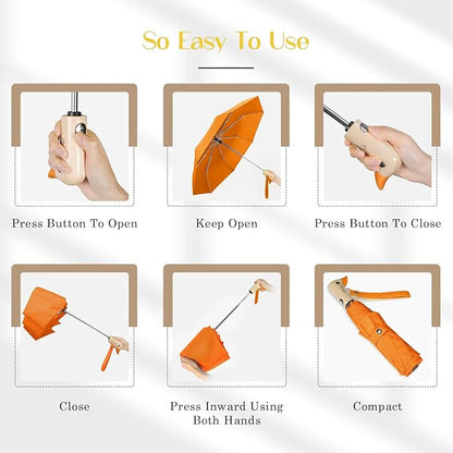 Cute Duck Umbrella Automatic - Compact Pretty Pocket Size Strong Duck Collapsible Umbrella Yellow Wooden Handle for Women