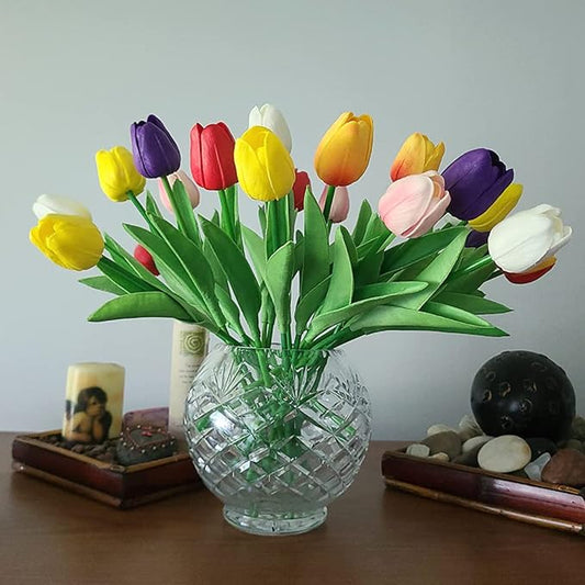 24pcs Multicolor Artificial Tulips Flowers Fake Faux PU Tulip Bouquet Real Touch Flower Arrangement for Home Decoration Excellent Gift Idea for Mothers Day（Multi）