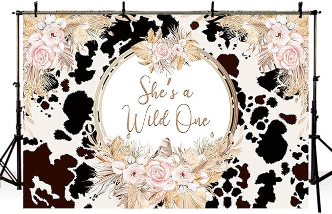 7x5ft She's a Wild One Backdrop for Girl 1st Birthday Party Decorations Holy Cow Highland Cattle Jungle Safari Rainforest Boho Floral Photography Background Bday Banner Photo Shoot Props