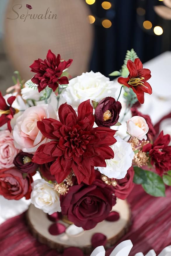 Serwalin Artificial Flowers, Burgundy Pink Flowers Fake Silk Flowers for DIY Wedding Bridal Bouquets, Wedding Cake Flowers for Table Centerpieces Bridal Shower Birthday Party Home Fall Decor