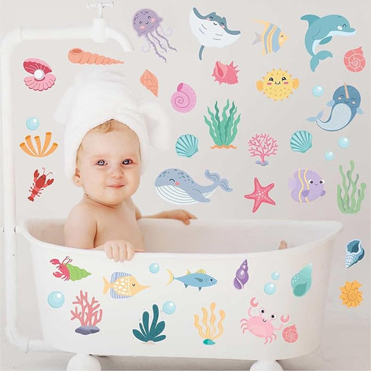 58Pcs Ocean Adventure Wall Stickers - Removable Under The Sea Nursery Decor, Peel & Stick Marine Animal Wall Decals for Kids' Bedroom & Playroom