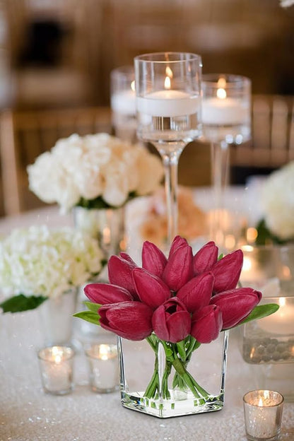 DILATATA Artificial Hot Pink Tulips in Vase with Faux Water 5.5" Real Touch Flowers Fake Tulips Small Flowers Arrangement in Cube Glass Vase for Mother's Day Table Centerpiece Wedding Home Decor