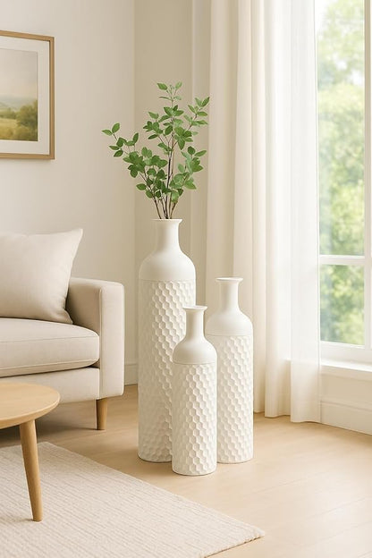 Leewadee Set of 3 Large Floor Vases – Decorative Tall Metal Vases in White (27/20/16 inches) – Elegant Home Decor for Stylish Interiors