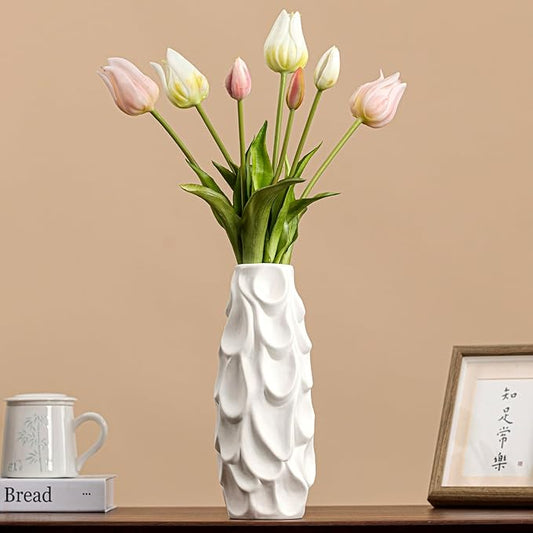 Scalloped Scale Vase - White Matte Ceramic with Textured Sculptural Design, 10.5" Unique Flower Vase for Pampas Grass/Centerpieces,Decorative Boho Vase for Living Room/Office,Ideal Gift for Art Lovers