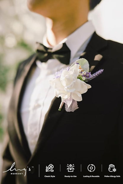 Ling's moment Boutonniere for Men, 6pcs Groom Groomsmen Boutonniere, Artificial Flowers for Wedding Decor/Prom/Homecoming, etc.Purple Lilac Lavender
