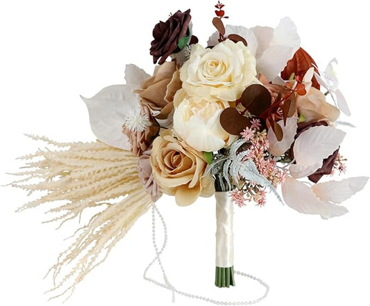 S_SSOY Wedding Bouquet Bride,Bride Bridal Bouquet Bridesmaid Artificial Flowers for Ceremony Anniversary Party Bridal Shower Decoration Wedding Bouquets (Caramel Champagne)