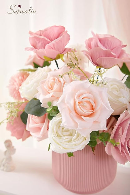 Serwalin Artificial Flowers Fake Silk Flowers for DIY Wedding Bouquets Cake Decoration Mixed Roses Combo Blush Pink and White Flower Centerpieces Arrangements for Party Table Chair Decor