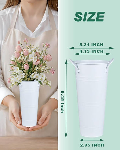 9 Inch Galvanized Metal Vases for Flowers - 2 Pcs Farmhouse Decorative Tall Flower Bucket with Handles, Rustic French Tin Planter Buckets for Wedding Decor (Pure White)