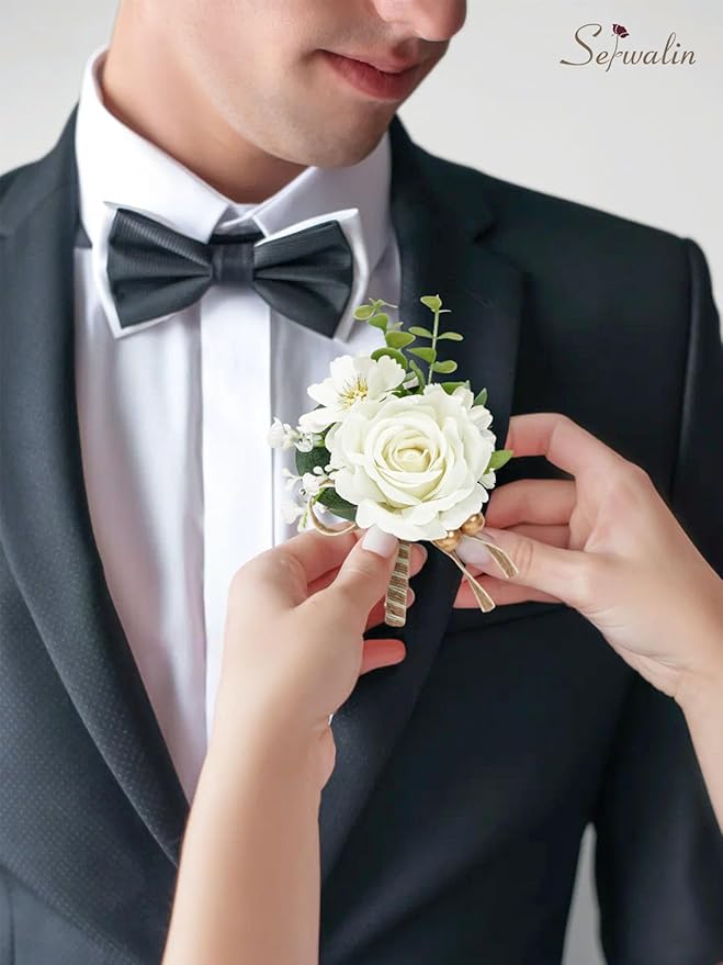 Serwalin 6PCS Ivory Rose Boutonniere for Men Wedding Groom Groomsmen Best Man Artificial Flowers Boutonniere for Wedding Ceremony Anniversary Prom Flowers Formal Dinner Party