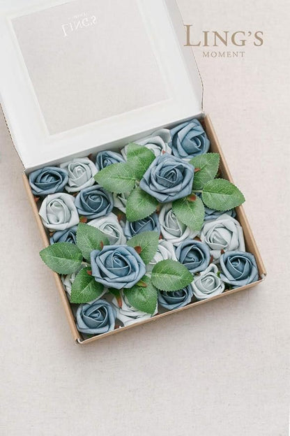 Ling's moment Artificial Rose Buds and Petite Roses w/Stem Pack of 25 for DIY Wedding Bouquets Centerpieces Decorations Boutonniere Corsages (Dusty Blue Shades)
