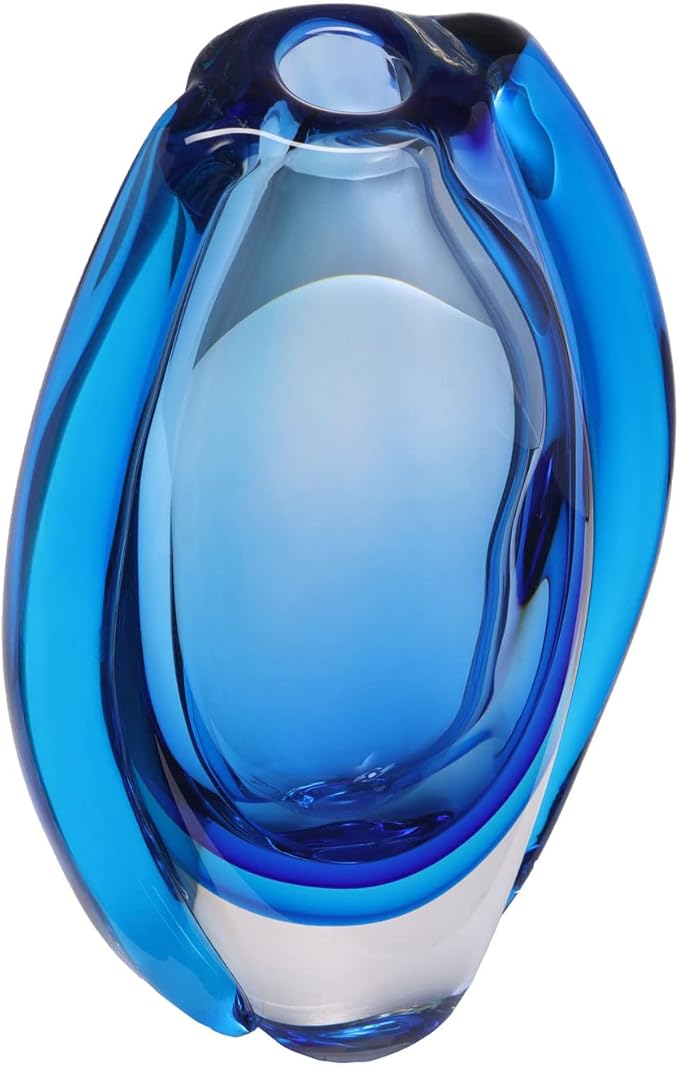 Luxury Lane Hand Blown Sommerso Oval Art Glass Vase for Decor Centerpiece Table Decoration Blue 8.5 inch Tall