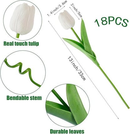 18pcs Artificial Tulips 13" PU Artificial Flowers for Family Friends Gifts DIY Flower Arrangement Home Kitchen Office Party Wedding Dining Table Decoration, White
