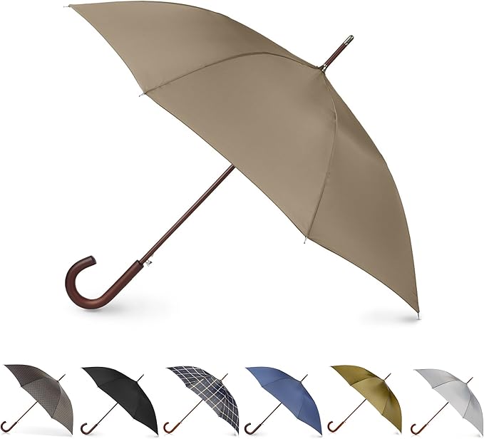 Totes Eco Auto Open Umbrella Classic Wooden J Stick Handle with Easy Grip - Windproof, Rainproof and Durable Canopy Design – Versatile Travel, Perfect for Rainy Days