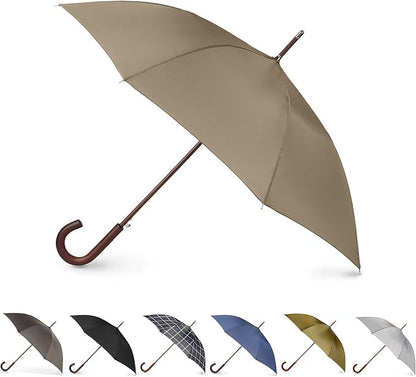 Totes Eco Auto Open Umbrella Classic Wooden J Stick Handle with Easy Grip - Windproof, Rainproof and Durable Canopy Design – Versatile Travel, Perfect for Rainy Days