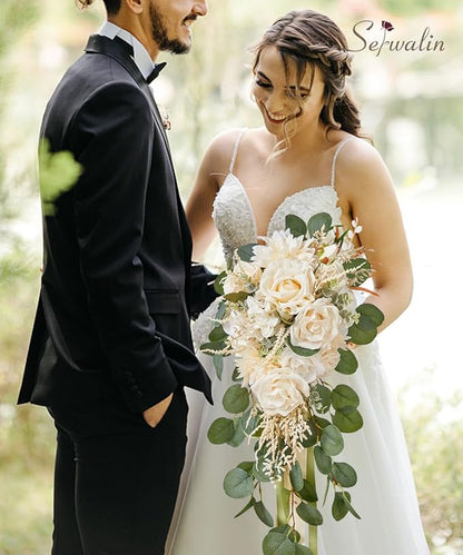 Serwalin 9.8in Wedding Bouquets for Bride, Boho Champagne Roses & Dahlia Flowers for Wedding Decoration