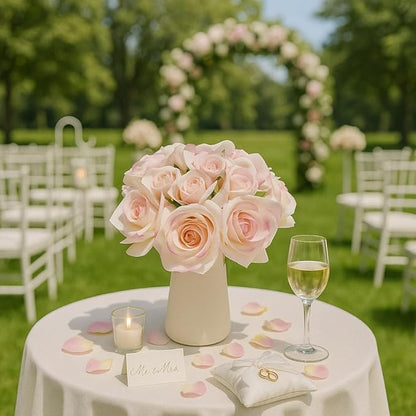 12-Piece Faux Real Touch Rose Bouquet in Ceramic Vase, Fake Flowers in Vase, Artificial Flowers for Home, Wedding, Bridal Bouquet, Party & Dining Table Centerpiece Decor (Pink Edge, 10" High)