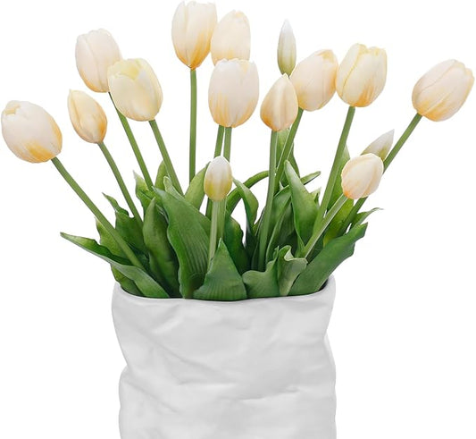 15 Pcs Off White Artificial Flowers Tulips Real Touch Latex Plastic Soft Faux Bouquets for Party, Wedding, Home, Room, Garden Decor